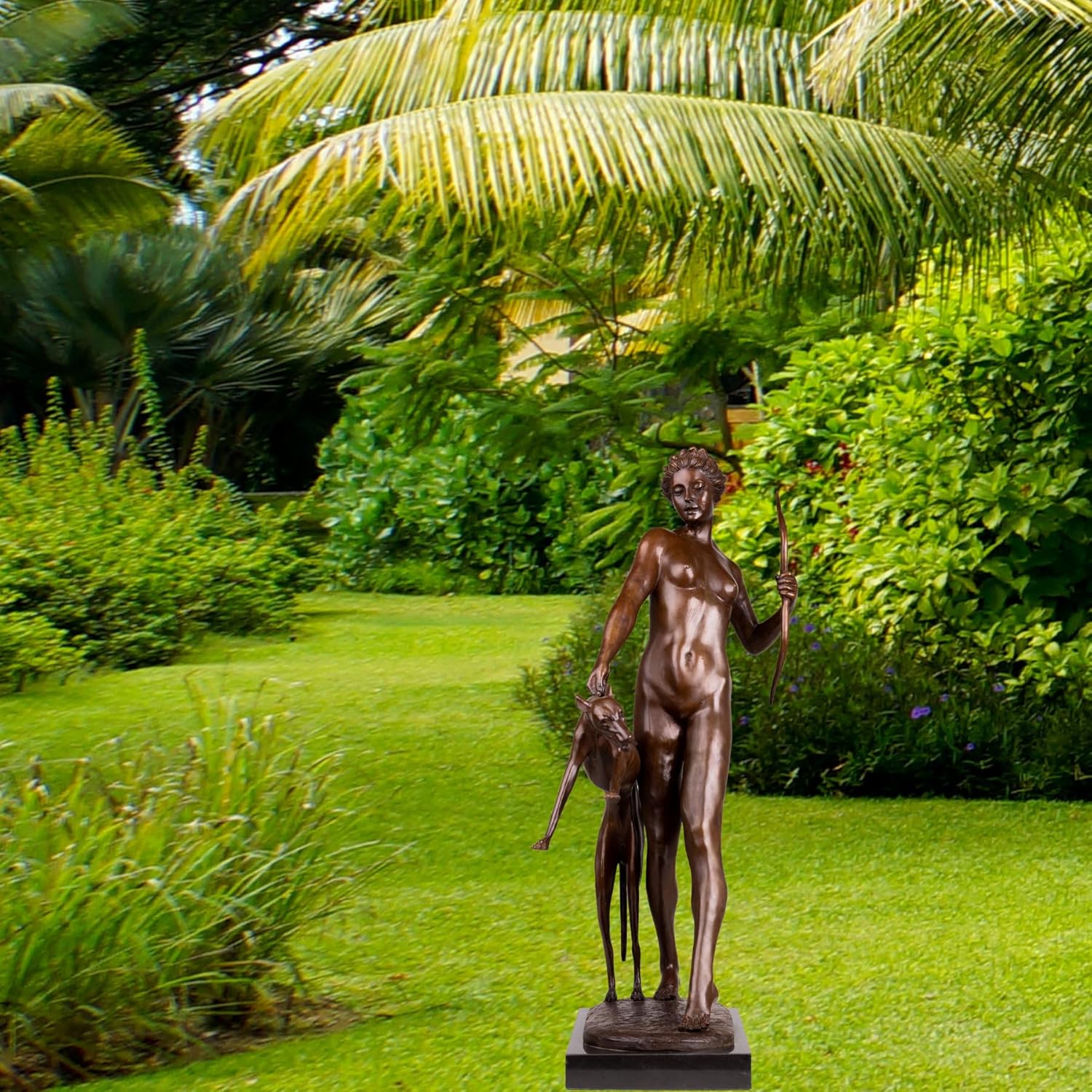 Bronze Artemis mythology statue on display in art gallery interior with paintings