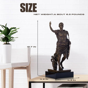 12.7-inch bronze Augustus Caesar statue with size dimension reference showing 6.5 lbs weight, displayed indoors beside chair