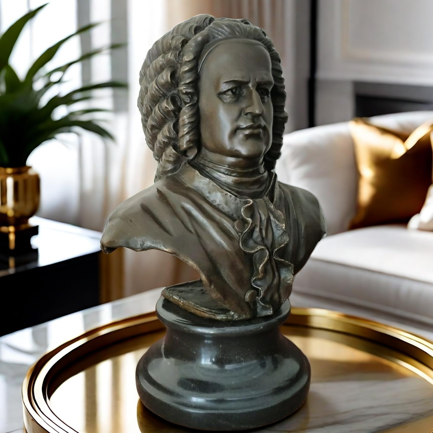 Bronze Bach bust statue displayed in elegant living room interior setting