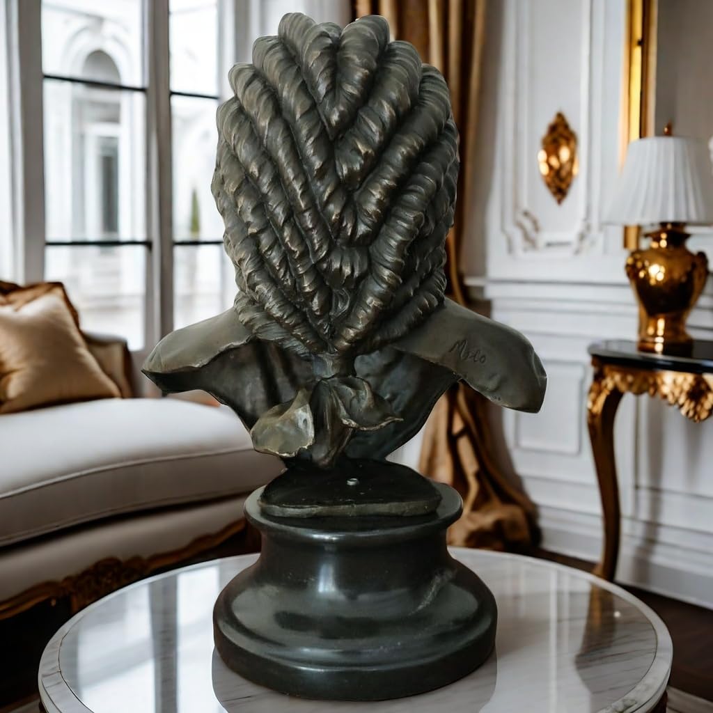 Bronze Bach bust statue displayed in living room beside armchair lifestyle setting