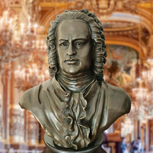 Close-up side view of bronze Bach bust statue showing detailed wig and collar texture