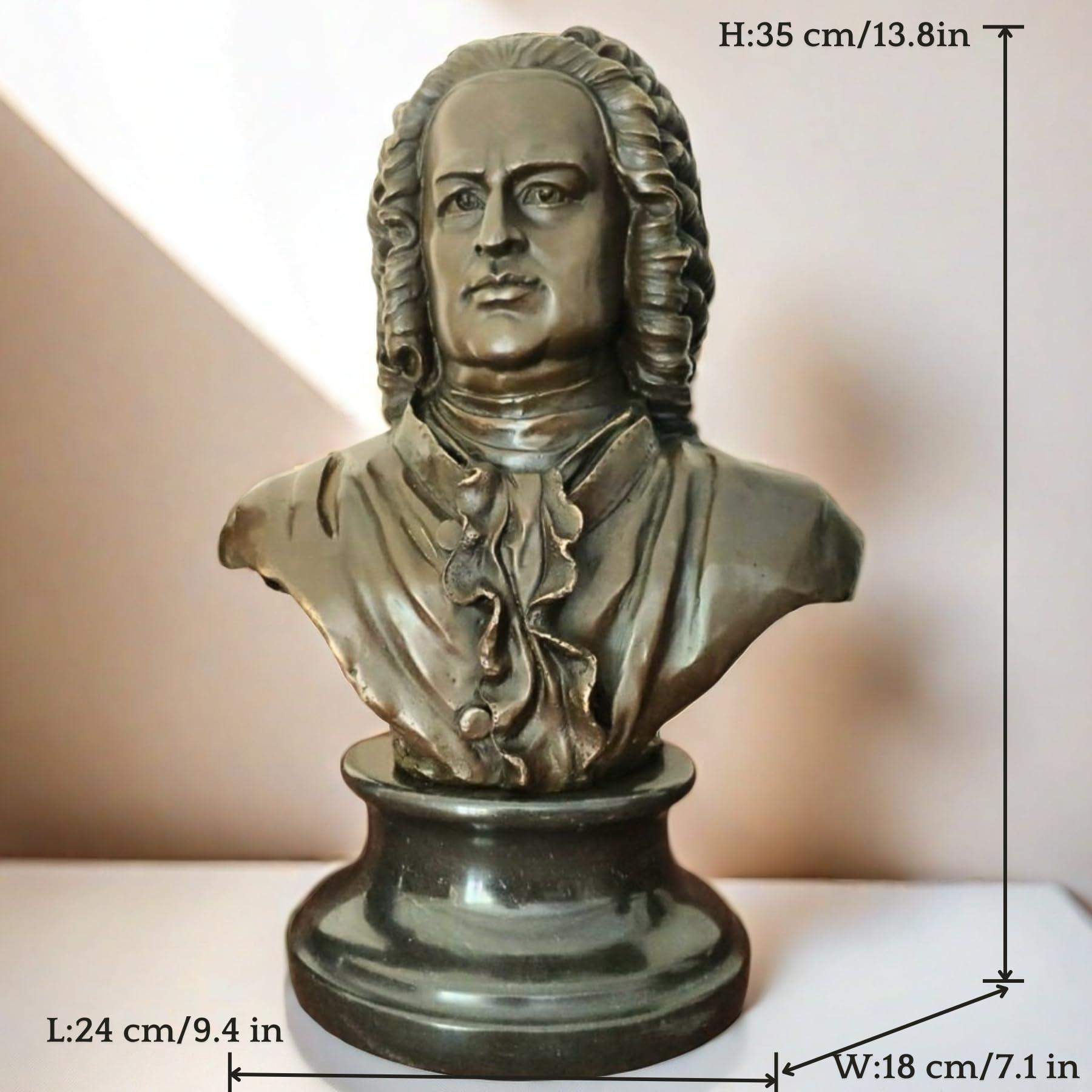 Bronze Bach bust statue size dimension reference chart showing height and base measurements