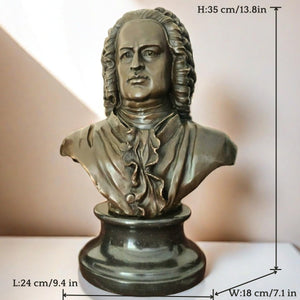 Bronze Bach bust statue size dimension reference chart showing height and base measurements