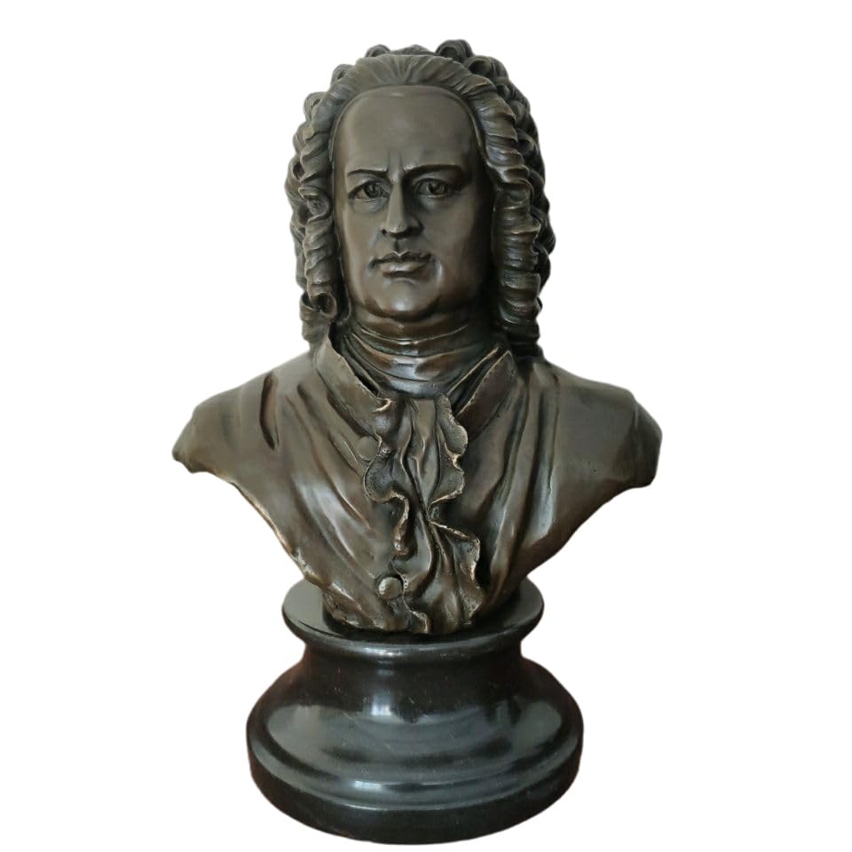 Bronze Johann Sebastian Bach bust statue front view on white background showing curled wig detail