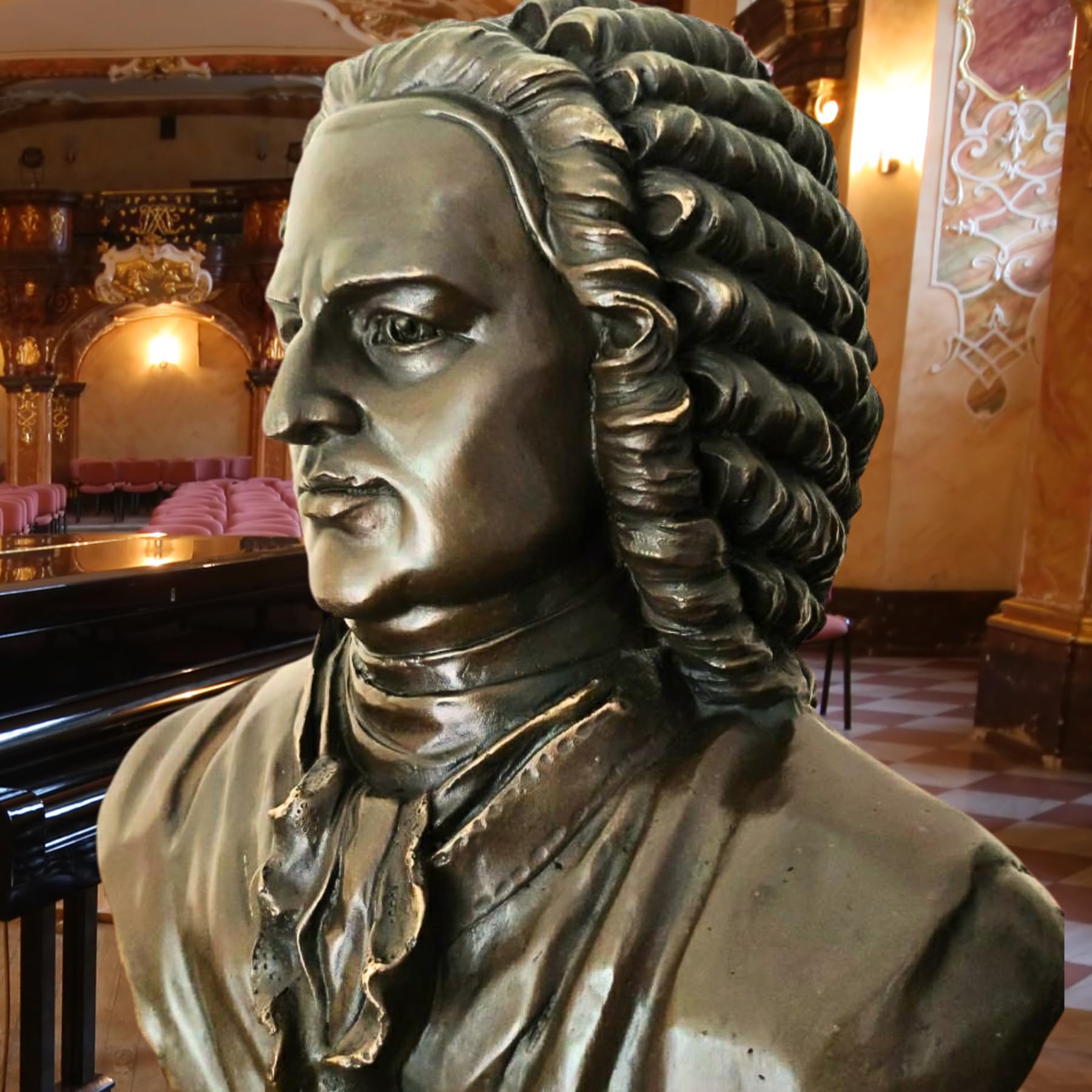 Bronze Bach bust statue displayed in ornate palace-style interior setting