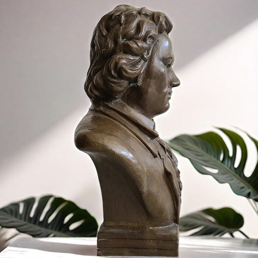 Second view of bronze Beethoven bust statue displayed with indoor plant decor