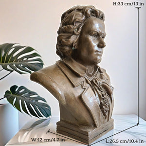 Bronze Beethoven bust statue size dimension reference with plant decor showing measurements