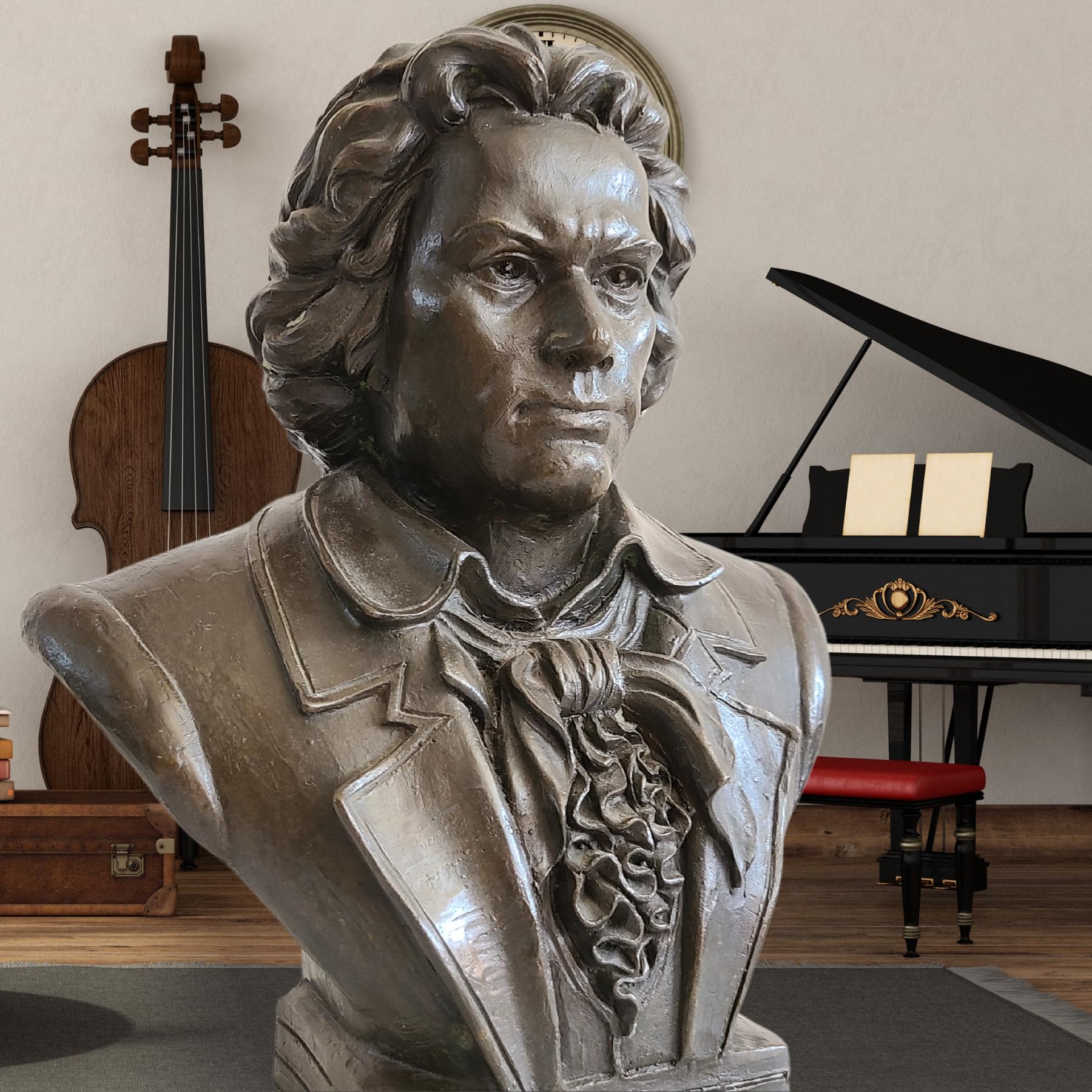Bronze Beethoven bust statue displayed alongside violin and piano in music-themed setting