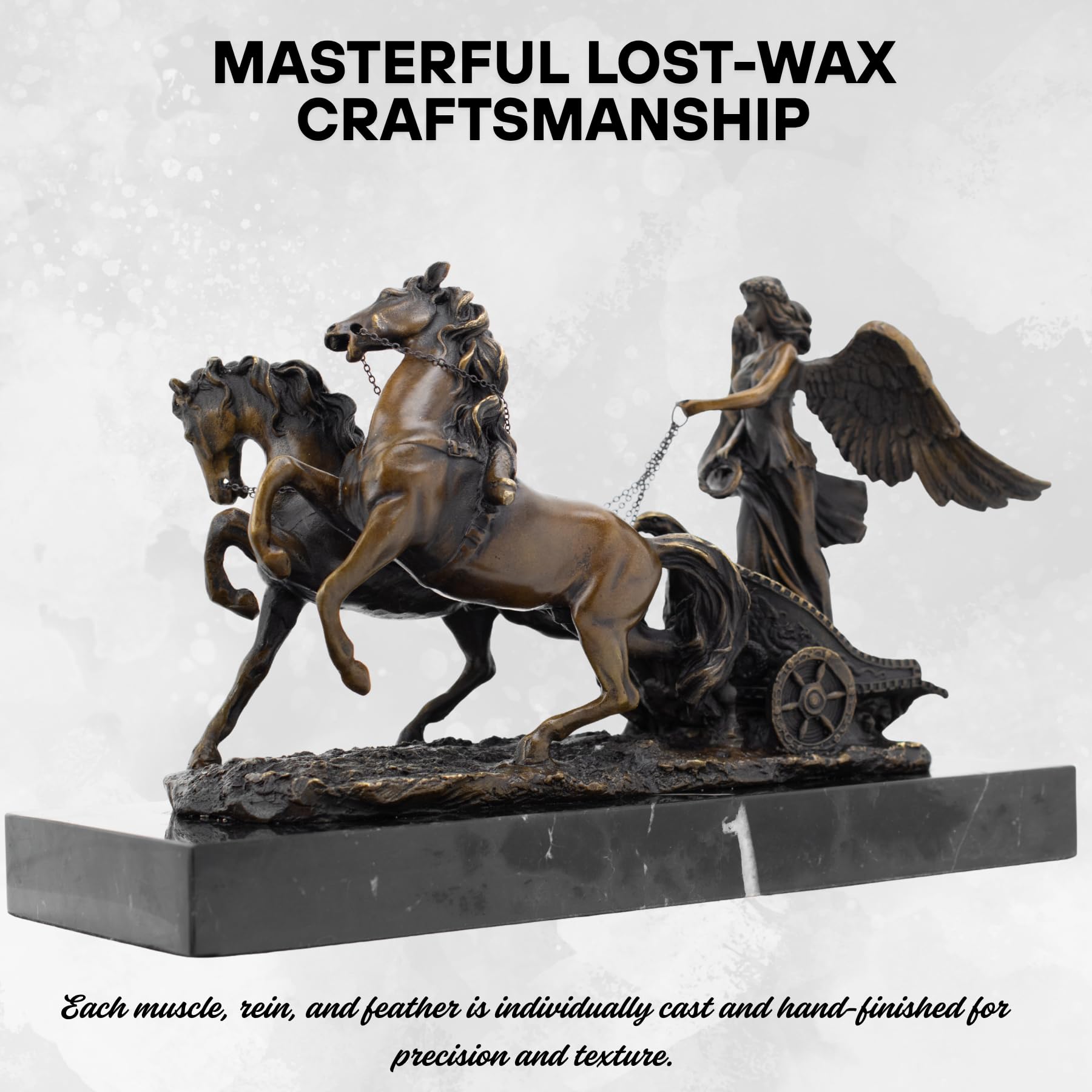 Bronze chariot sculpture pure bronze solid black marble base detail close up