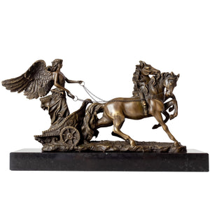Bronze winged victory chariot sculpture rearing horses solid marble base full view
