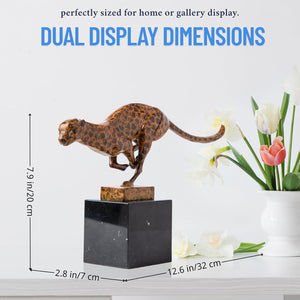 Bronze running cheetah sculpture showing dual display dimensions with size reference chart