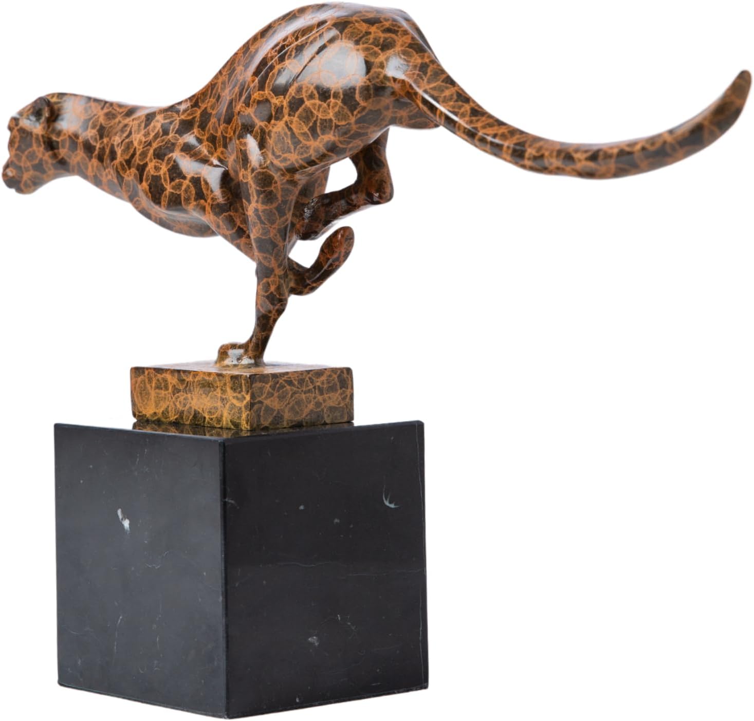 Angled view of bronze running cheetah sculpture on black marble base in modern office decor setting