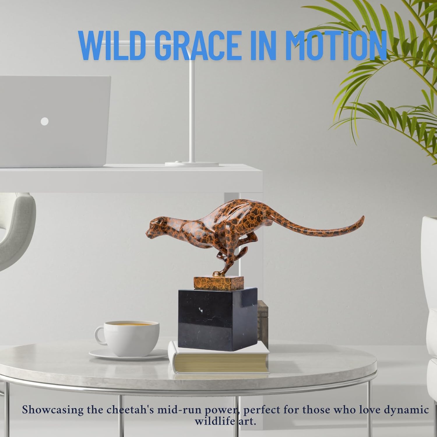 Bronze running cheetah sculpture displayed indoors capturing wild grace in motion
