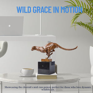 Bronze running cheetah sculpture displayed indoors capturing wild grace in motion