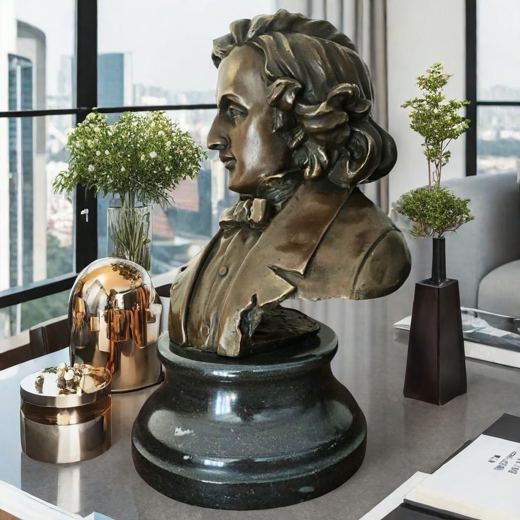 Bronze Chopin bust statue displayed alongside gold decorative vase in indoor setting
