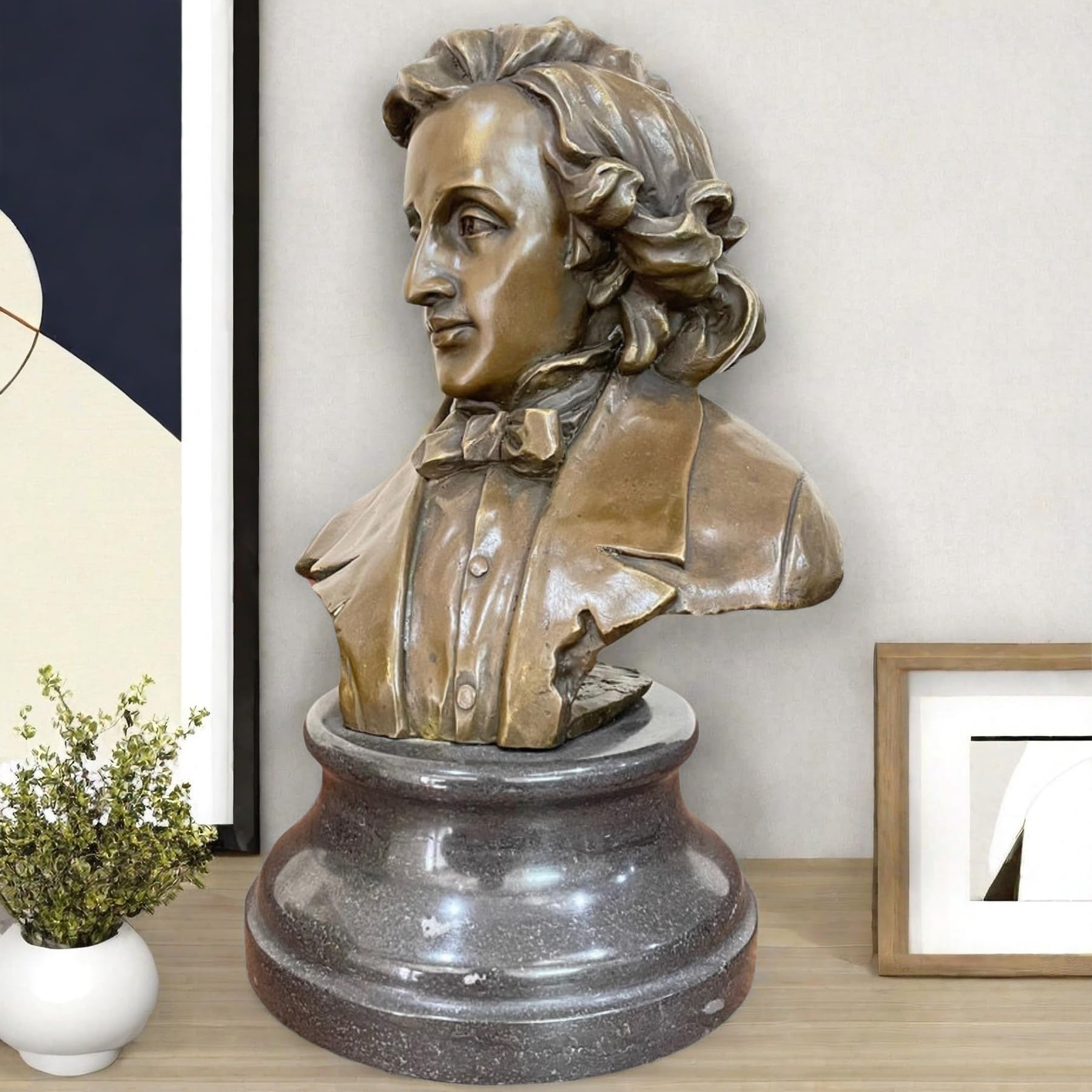 Bronze Chopin bust statue displayed in indoor living room with sofa background lifestyle setting