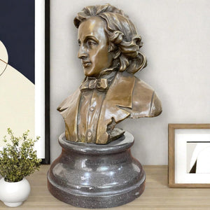 Bronze Chopin bust statue displayed in indoor living room with sofa background lifestyle setting