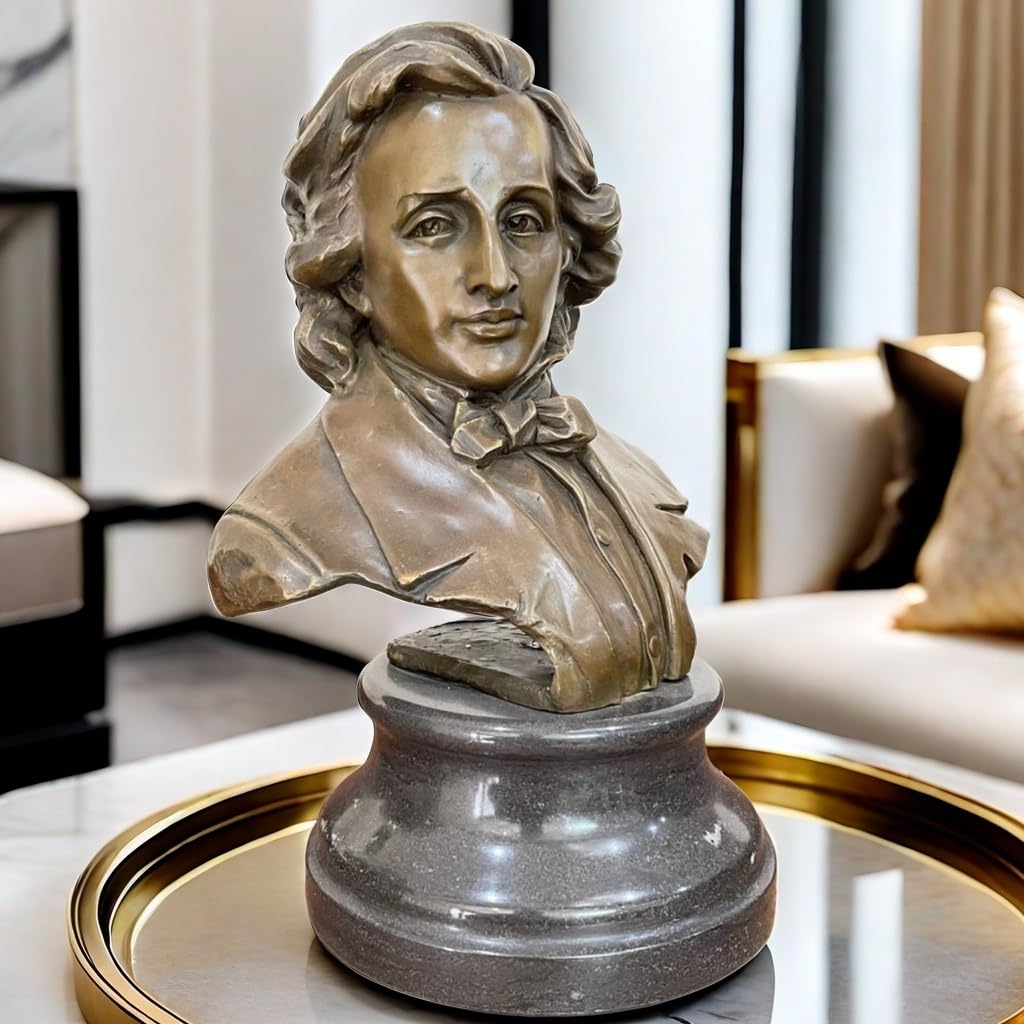 Bronze Chopin bust statue displayed in indoor living room with sofa background lifestyle setting