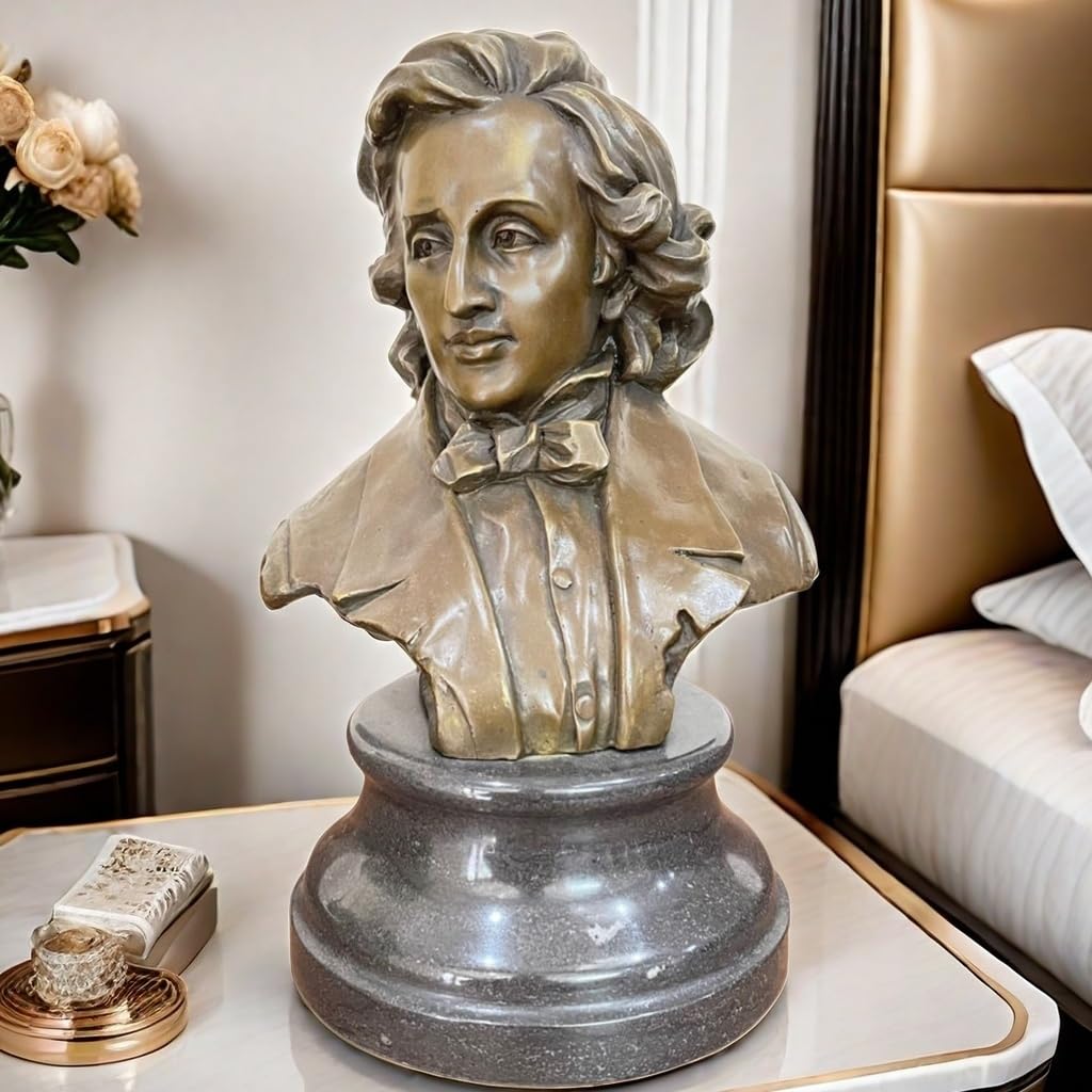 Bronze Chopin bust statue displayed in indoor living room with sofa background lifestyle setting