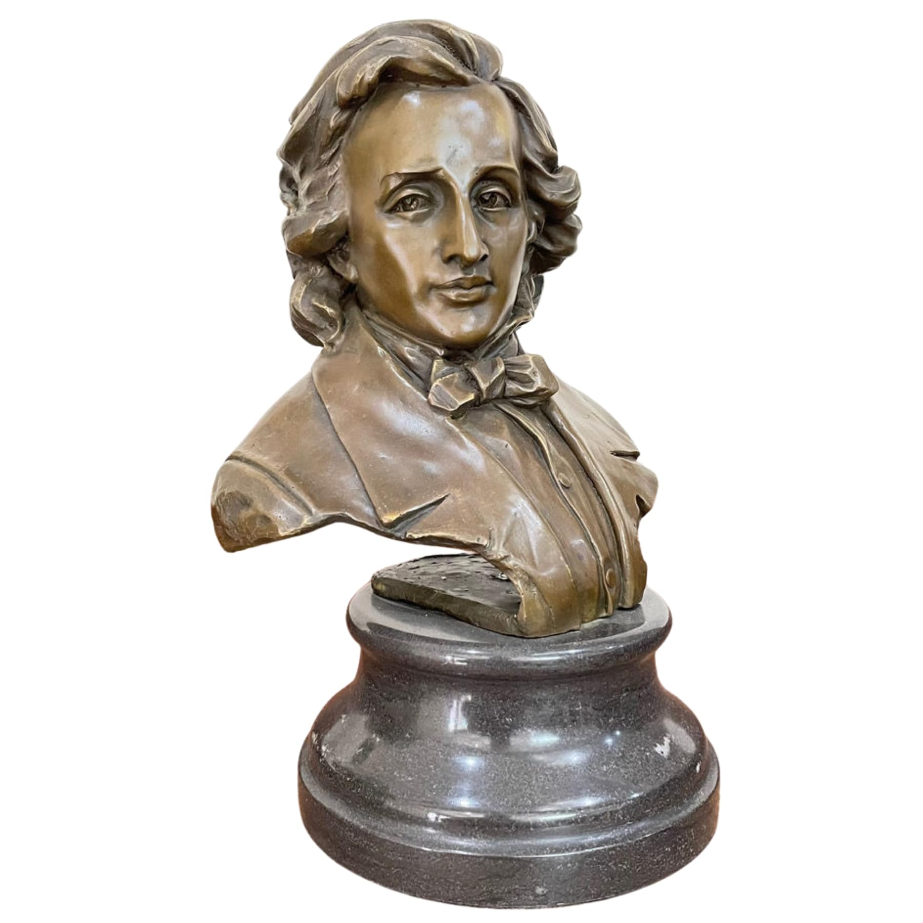 Bronze Frédéric Chopin bust statue front view on white background showing wavy hair detail