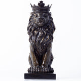 13.5-inch dark bronze crowned Lion King sitting statue hand-cast, front view on white background