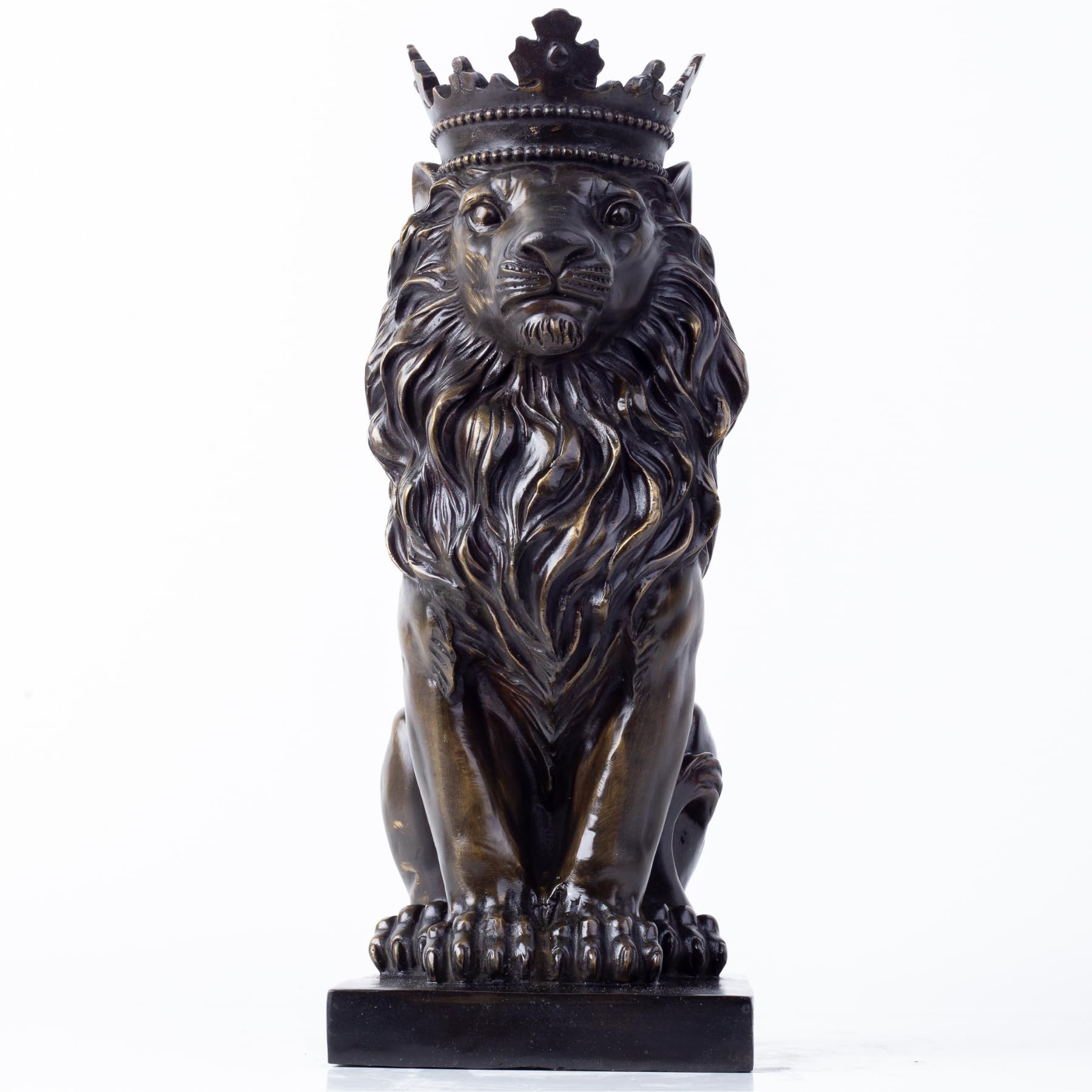 13.5-inch dark bronze crowned Lion King sitting statue hand-cast, front view on white background
