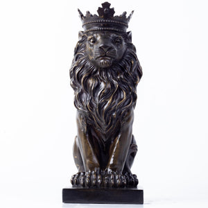 13.5-inch dark bronze crowned Lion King sitting statue hand-cast, front view on white background