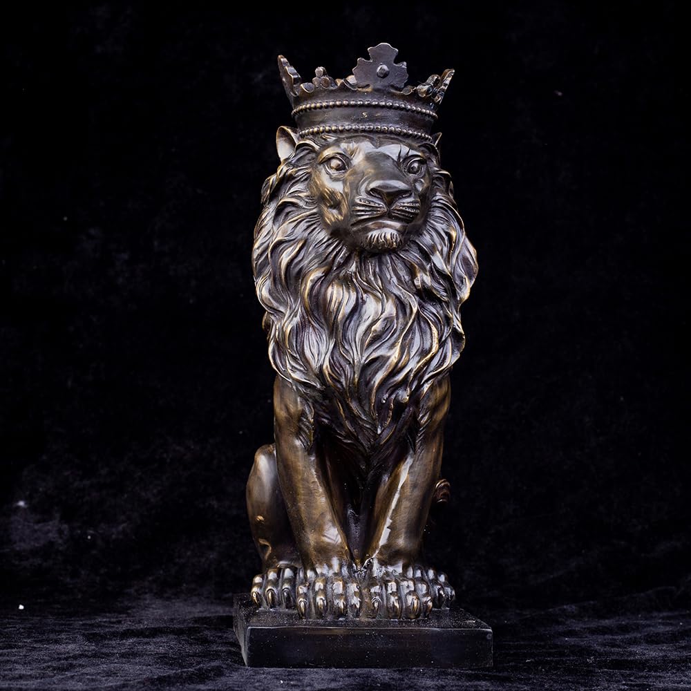 Close-up collage of dark bronze crowned Lion King statue head and crown detail from multiple angles
