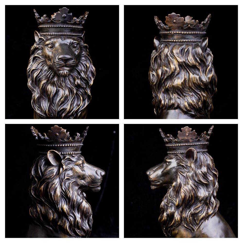 Low front angle view of gold crowned Lion King sovereign sitting sculpture on square base