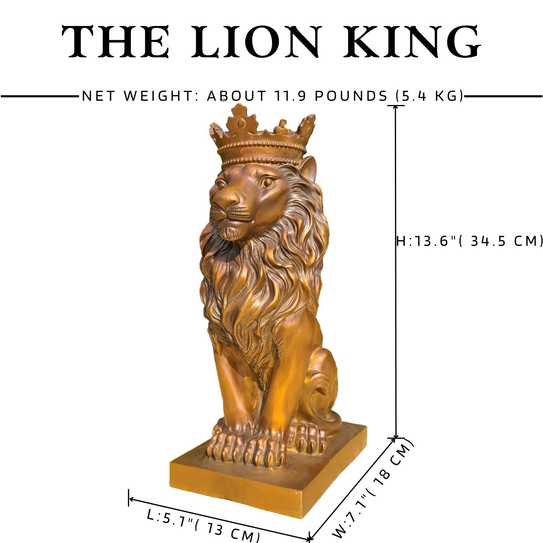Bronze crowned Lion King statue dimension reference chart showing 13.5 x 7.5 x 5.5 inch measurements