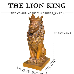 Bronze crowned Lion King statue dimension reference chart showing 13.5 x 7.5 x 5.5 inch measurements