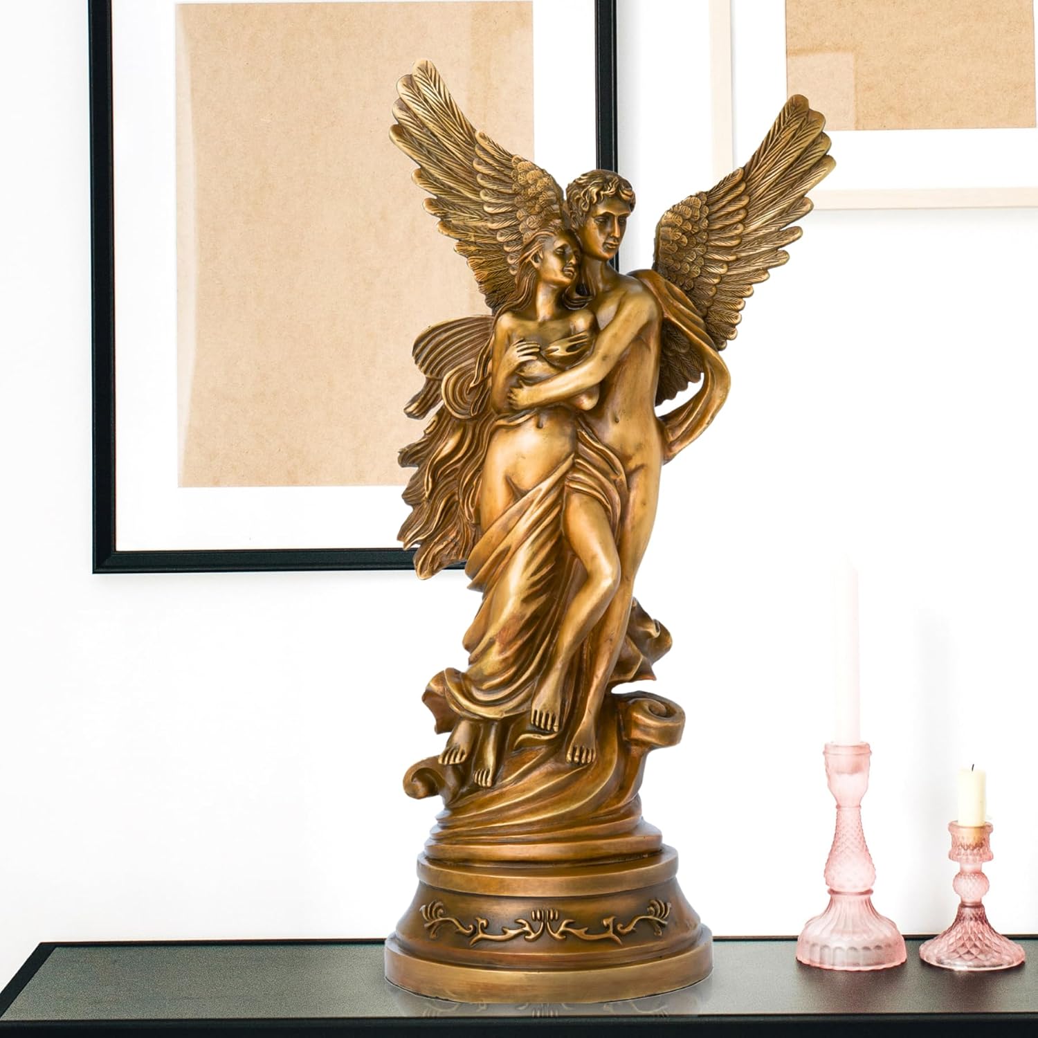 19 inch bronze Cupid and Psyche Greek mythology sculpture gold patina full view