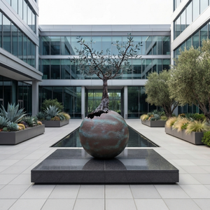 3-meter-tall large bronze olive tree sculpture installed on a polished granite platform in a modern corporate headquarters plaza.