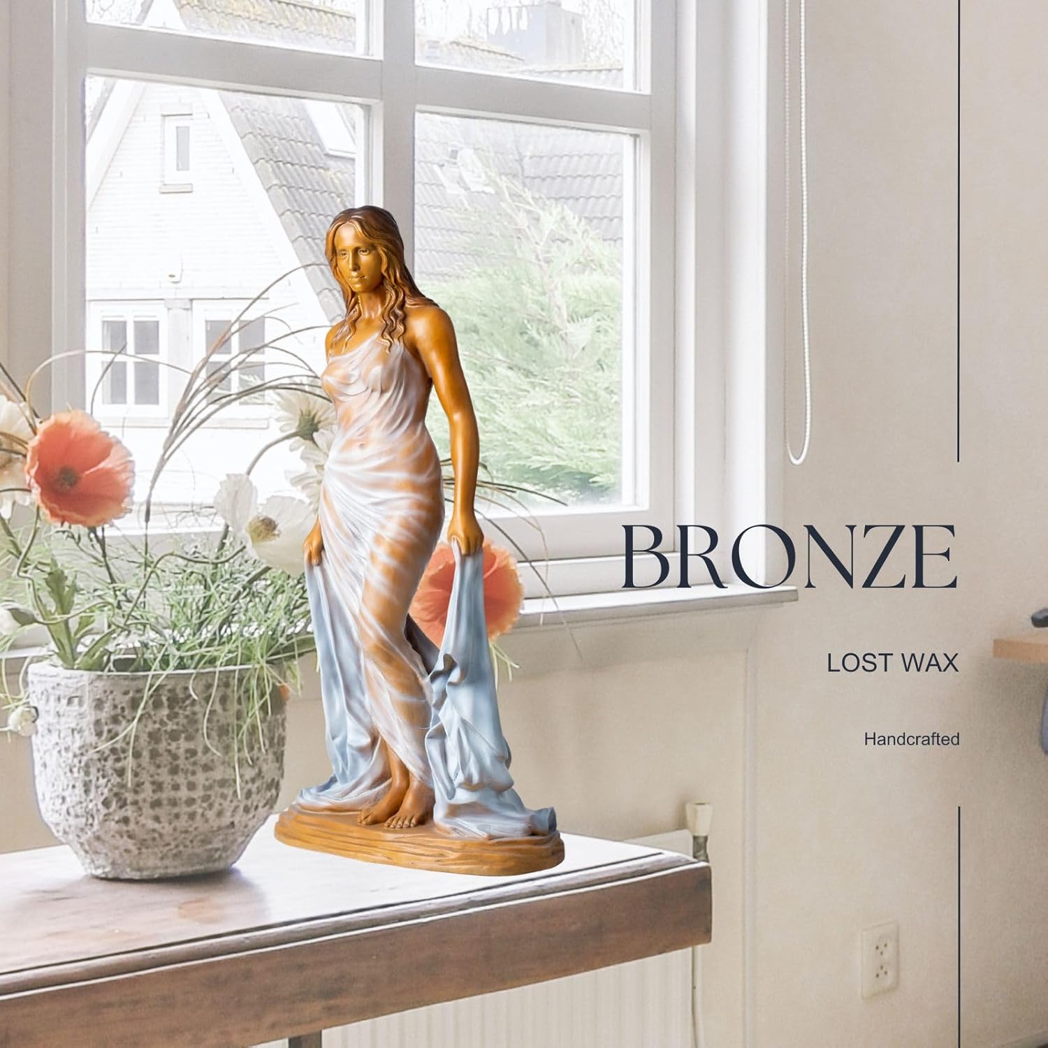 Bronze elegant woman with flute statue front full view gold bronze finish standing