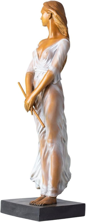 Bronze elegant woman with flute statue flowing dress waist drape detail close up