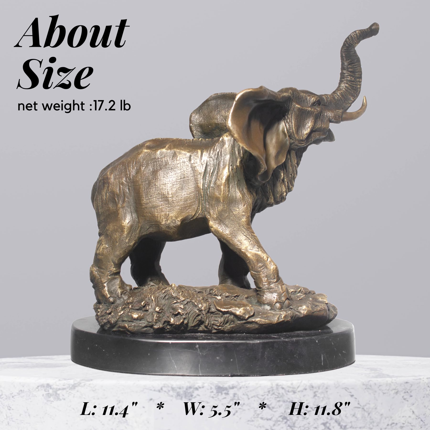 11.8-inch bronze elephant statue hand-cast on marble base with size reference showing 17.2 lbs weight