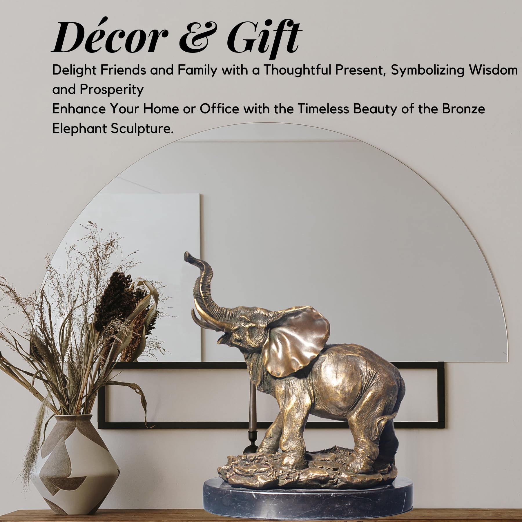 Bronze elephant statue styled as premium décor and gift with decorative vase in indoor setting