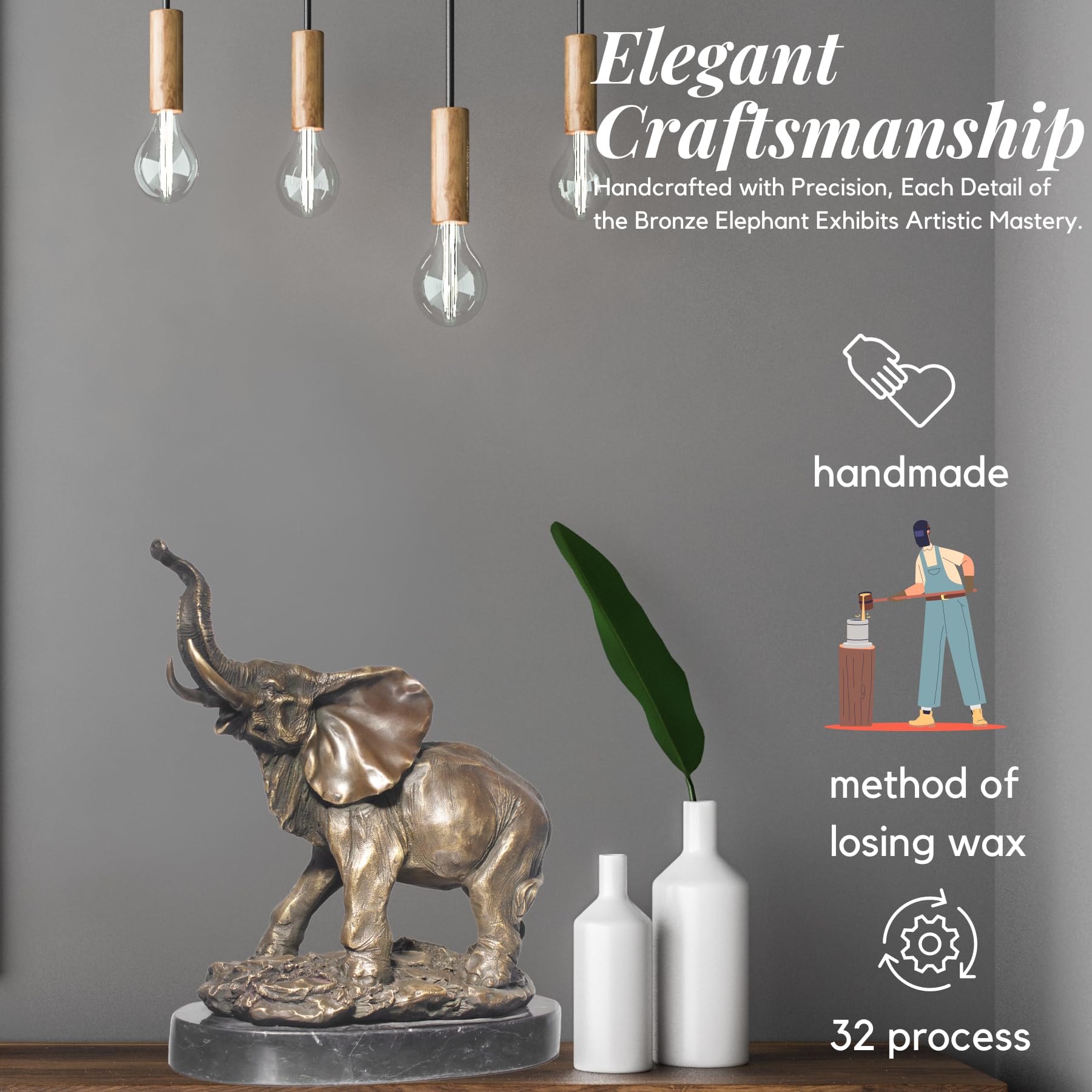 Bronze elephant statue showcasing elegant craftsmanship with 32-step casting process and handmade detail