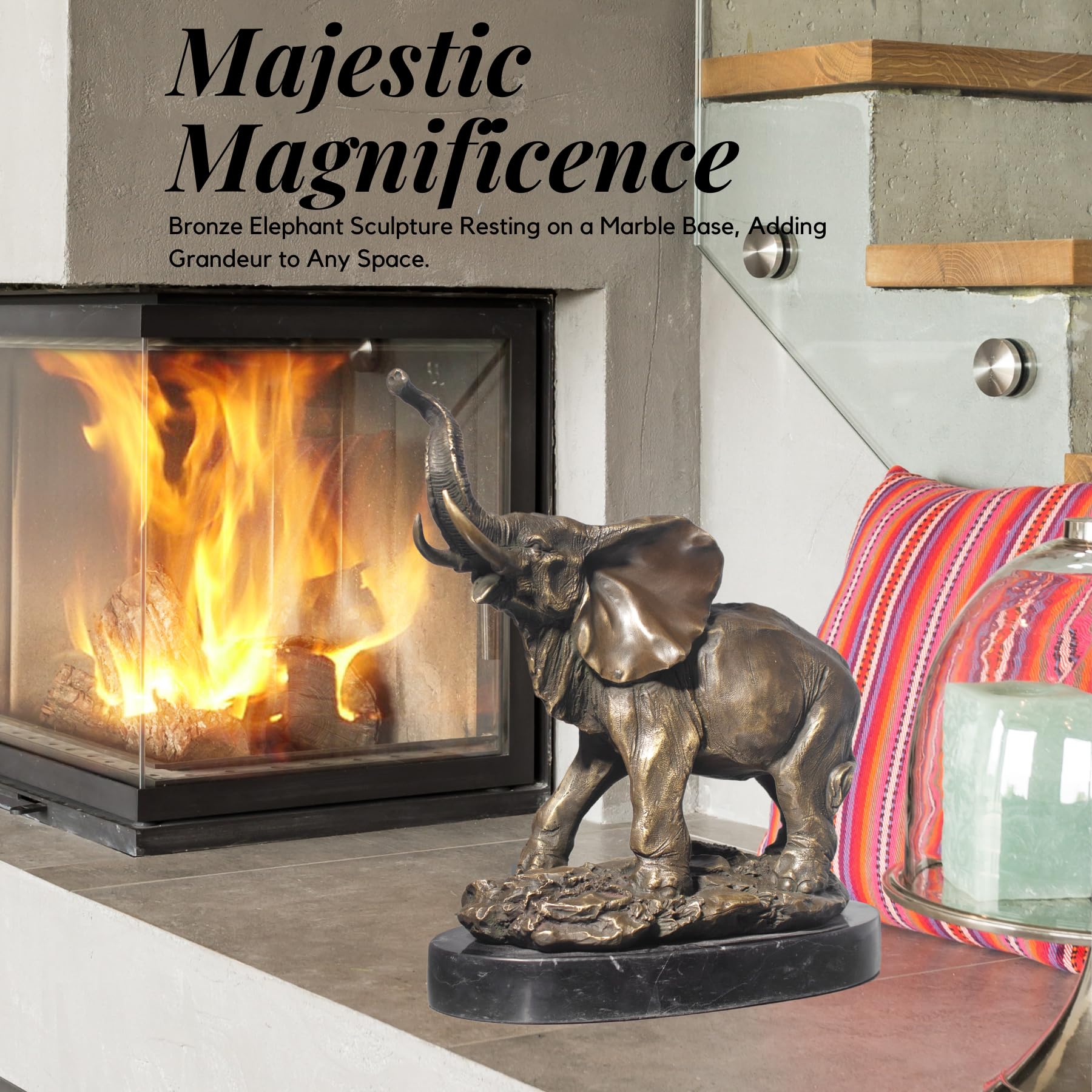 Bronze elephant statue majestic magnificence displayed beside fireplace in luxury interior setting