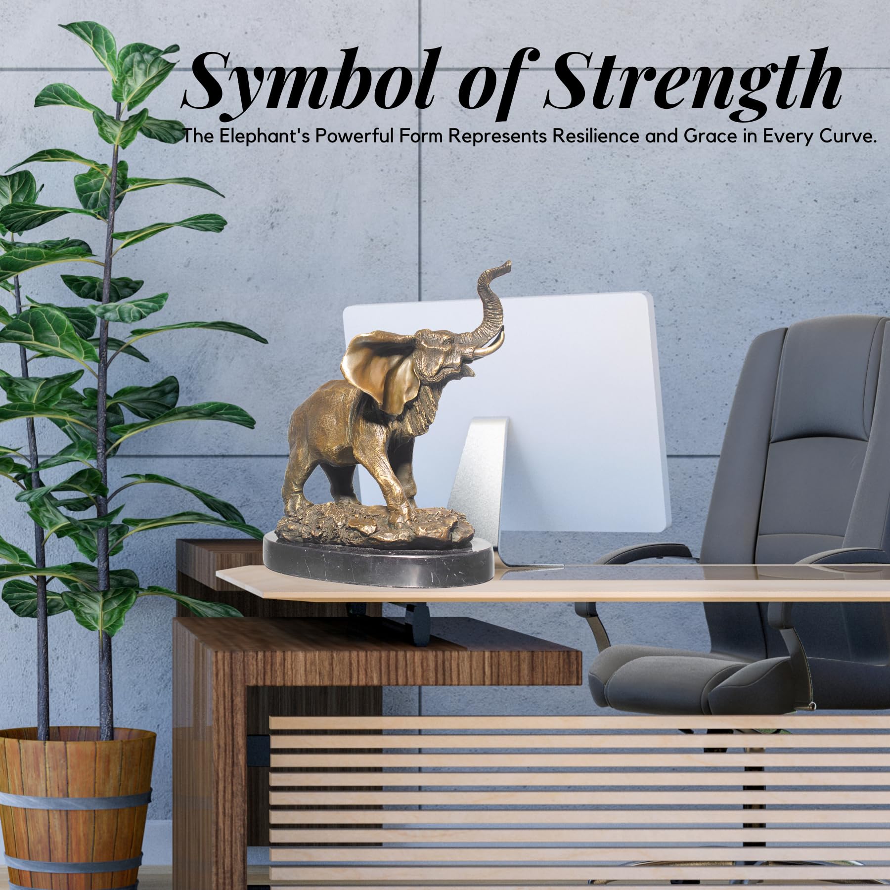 Bronze elephant statue as symbol of strength displayed with indoor floral arrangement lifestyle setting