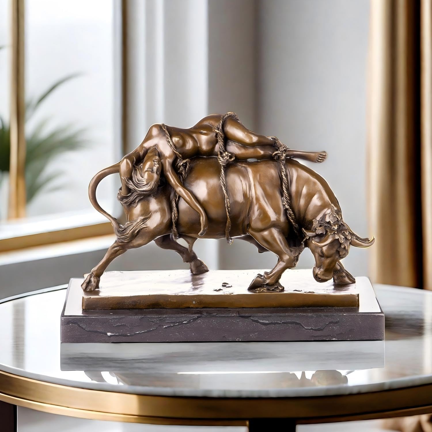 16.9-inch bronze Europa and the Bull Zeus Greek mythology sculpture on marble base displayed on glass coffee table