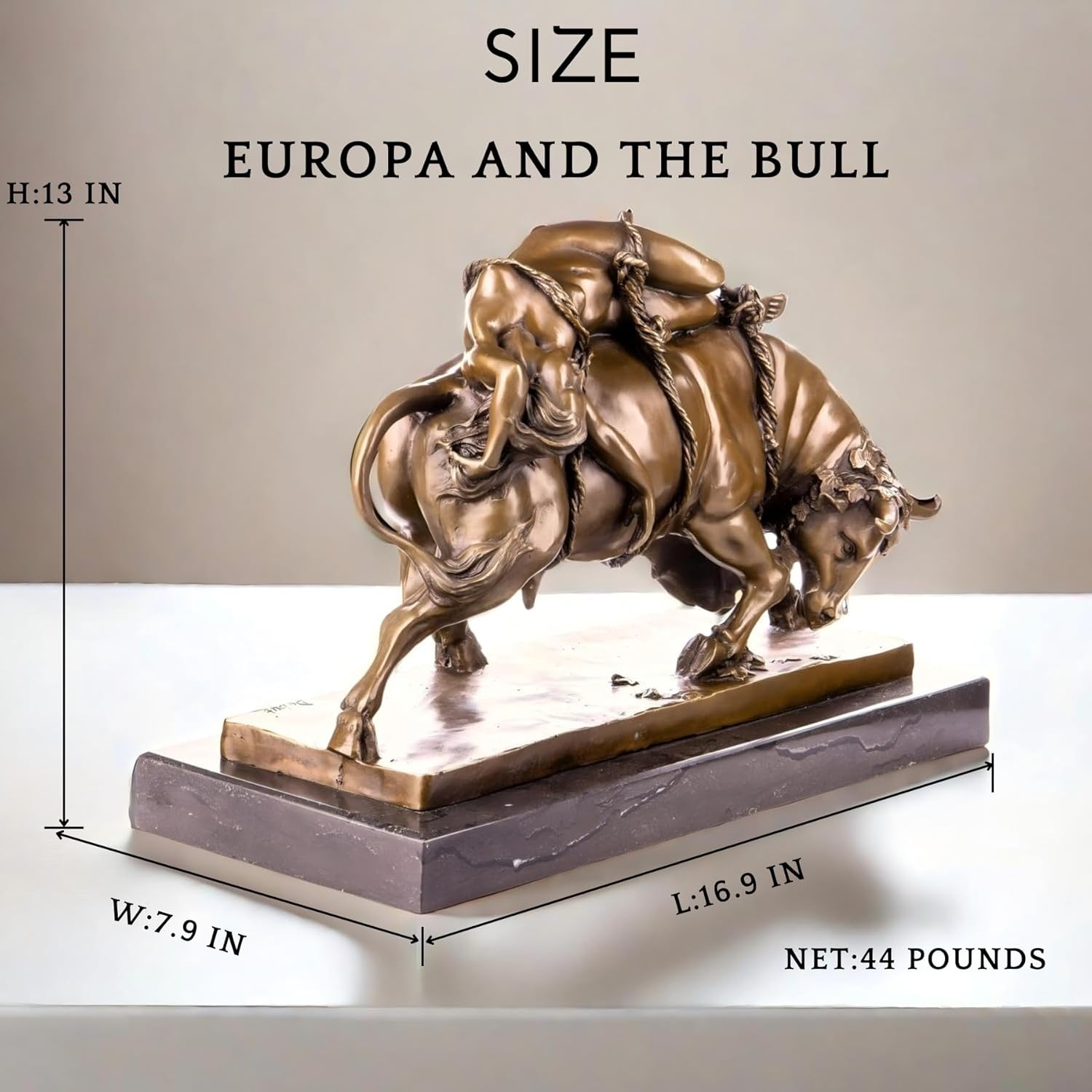 Bronze Europa and the Bull Zeus mythology sculpture size reference chart showing 16.9 x 5.4 inch measurements