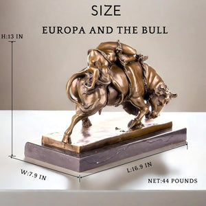 Bronze Europa and the Bull Zeus mythology sculpture size reference chart showing 16.9 x 5.4 inch measurements