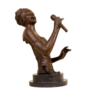 Bronze female singer bust sculpture angle view showing dynamic singing pose