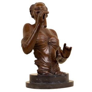 Bronze female singer bust sculpture side view showing flowing pose with microphone