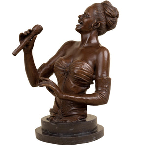 Bronze female singer bust sculpture holding microphone, front view on white background