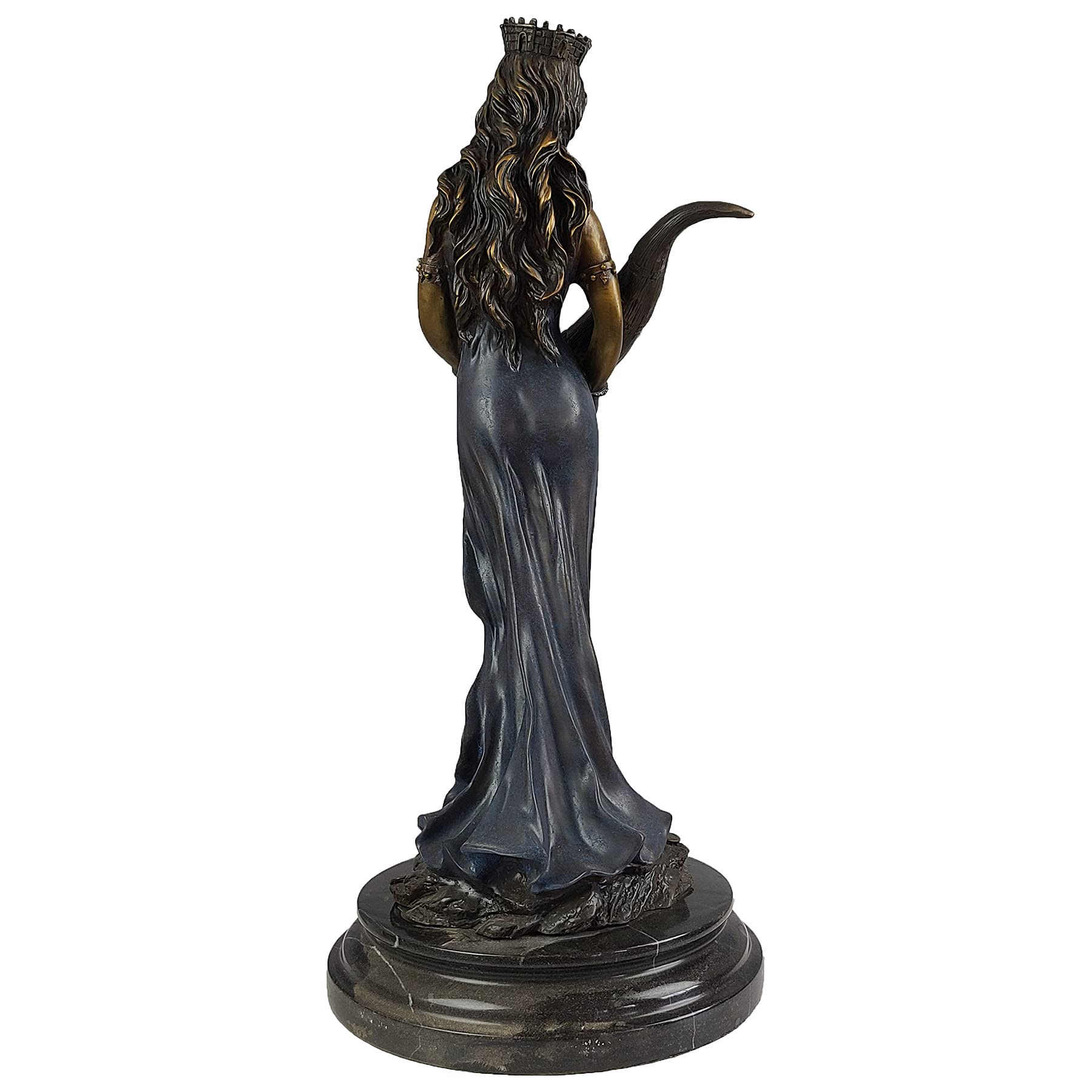 Bronze Fortuna goddess wealth statue royal blue finish back right angle view