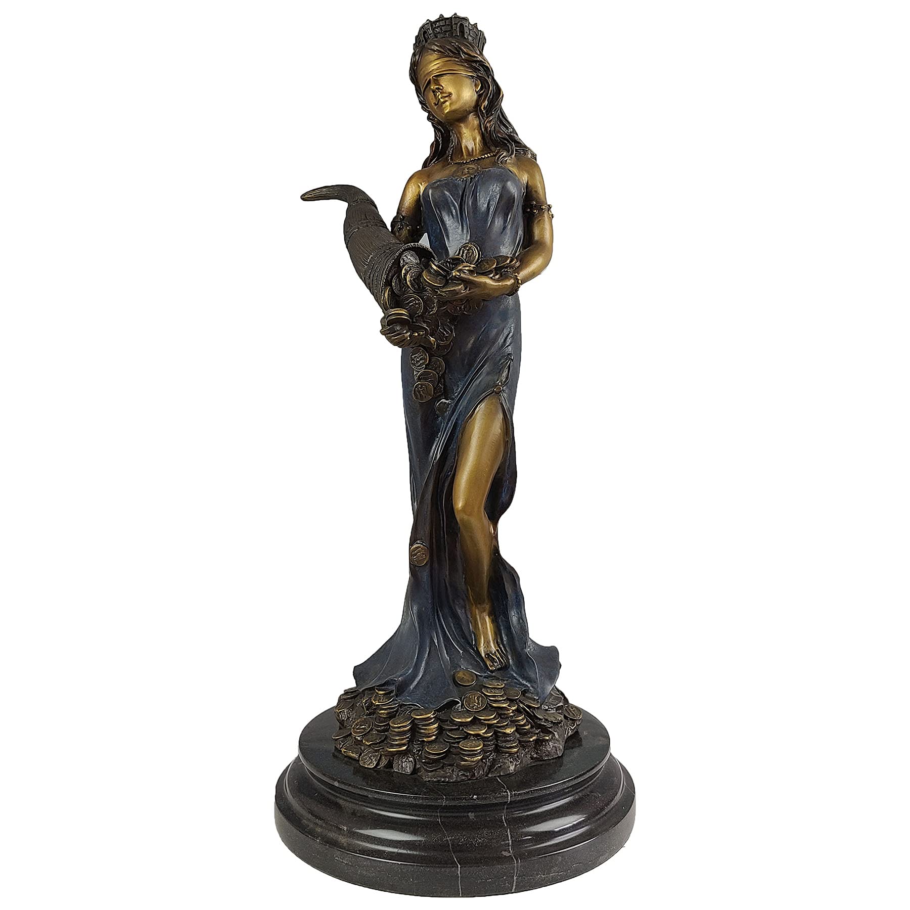 Bronze Fortuna goddess wealth statue royal blue finish full view marble base
