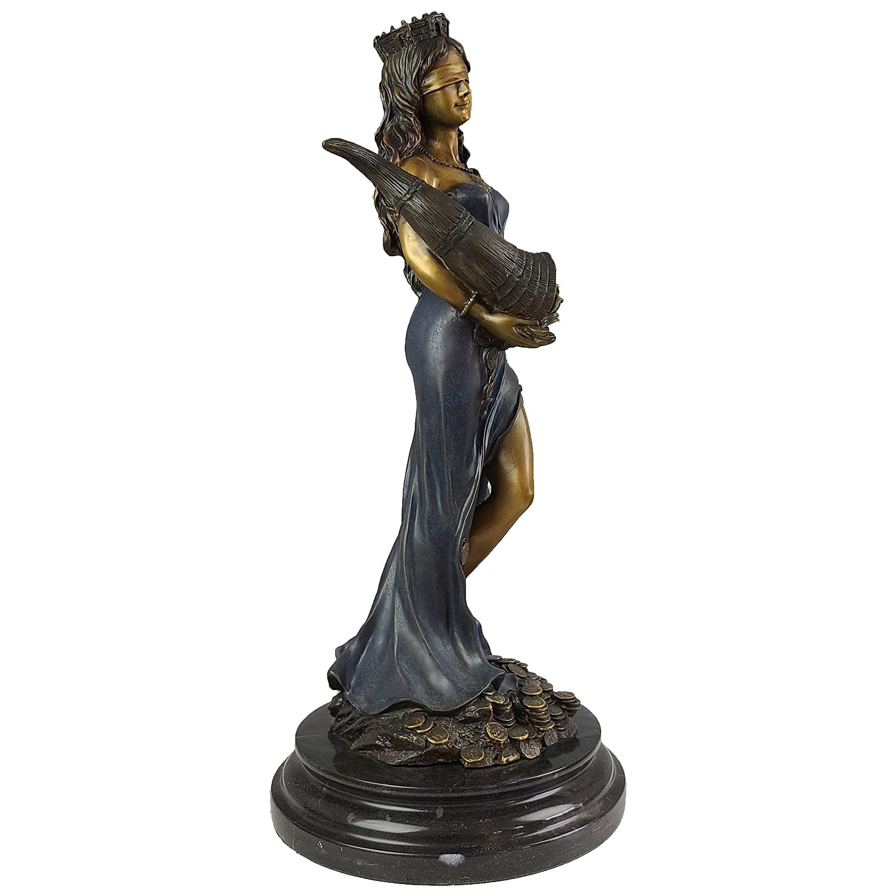 Bronze Fortuna goddess wealth statue royal blue finish side profile full view