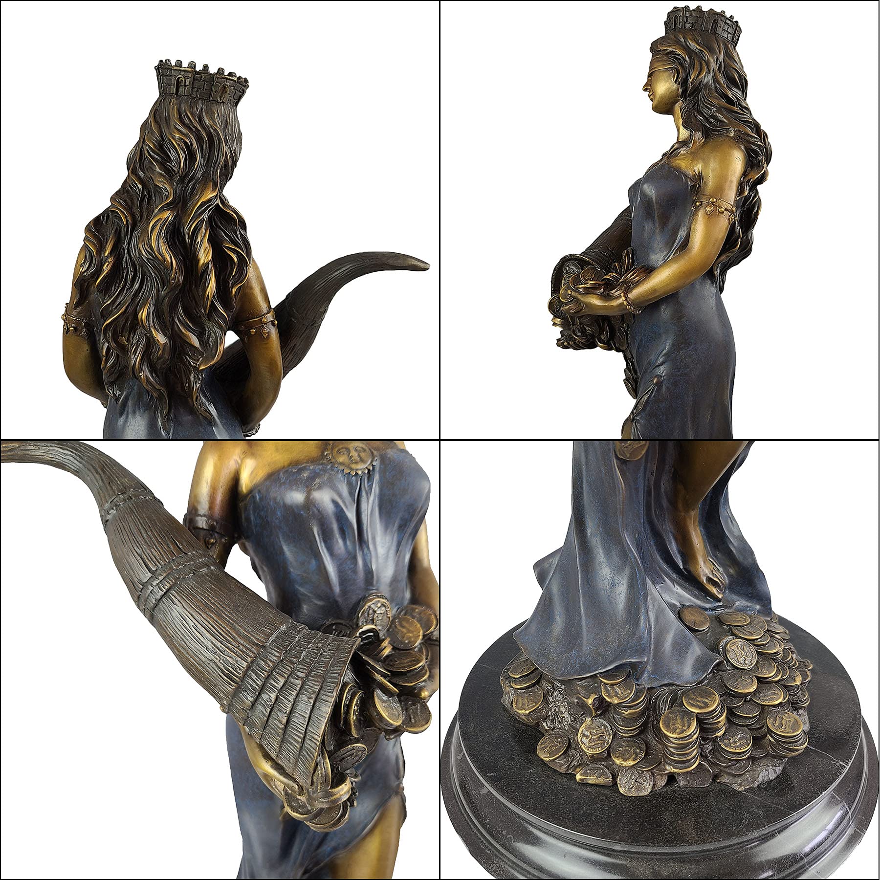 Bronze Fortuna goddess wealth statue royal blue finish size chart 25.2 inch dimensions